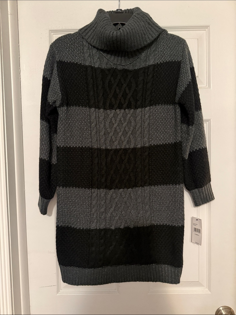 by & by Black and Charcoal Striped Turtleneck Sweater Dress